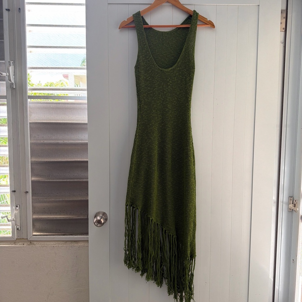 Rails Sleeveless Olive Green Knit Fringe Maxi Dress